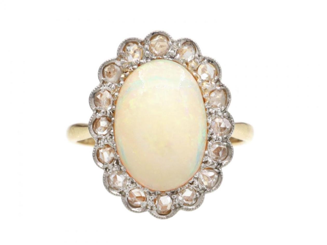 Antique Opal & Diamond Oval Cluster Ring in 18kt Yellow Gold
