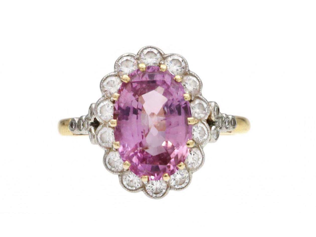Vintage pink sapphire and diamond cluster ring in 18kt yellow gold