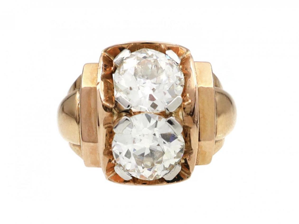 French two stone tank ring in 18kt yellow gold