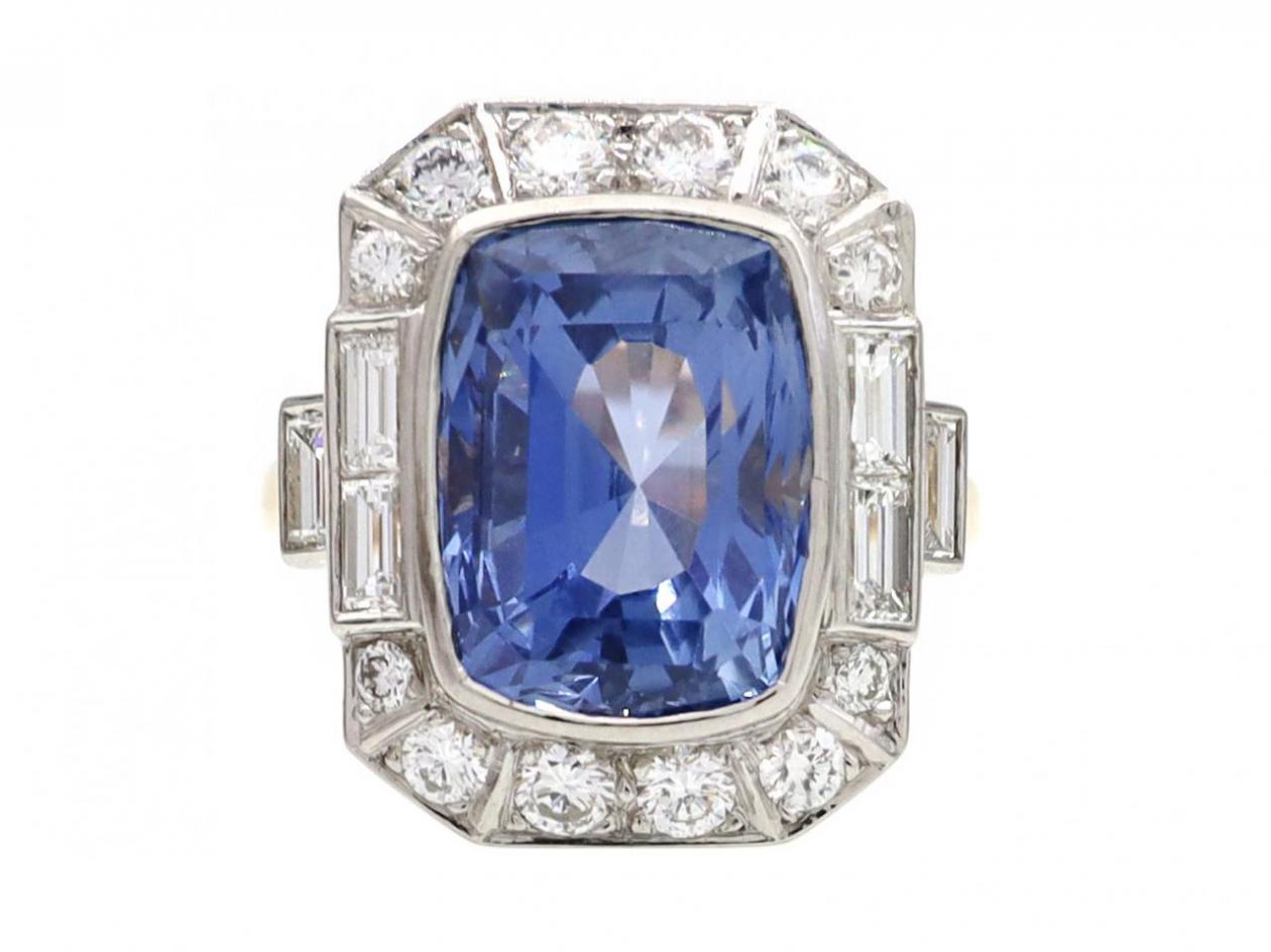 Ceylon sapphire and diamond geometric cluster ring