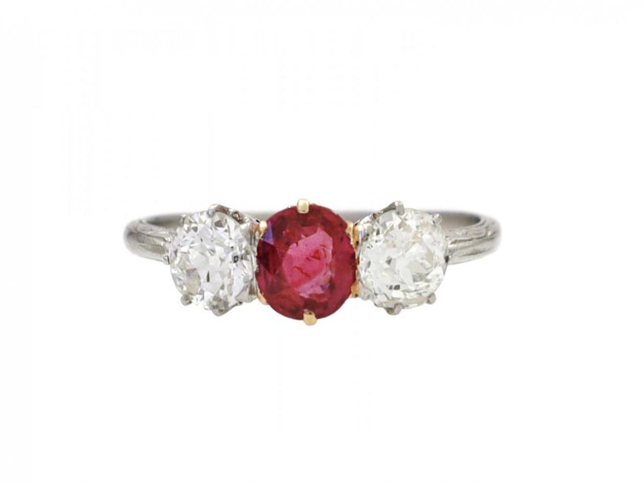 Edwardian ruby and diamond three stone ring in platinum