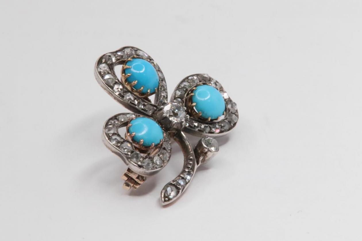 Antique Turquoise & Diamond Shamrock Brooch
