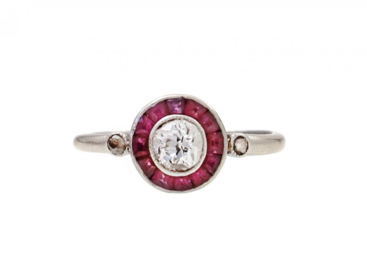 Art Deco diamond and ruby target ring in platinum
