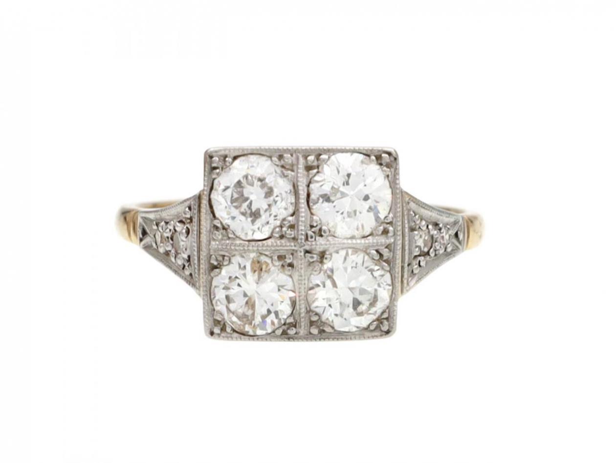 Edwardian diamond square cluster ring in platinum and 18kt yellow gold