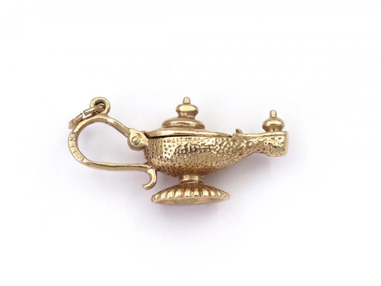 Vintage blue genie in a lamp charm in 9kt yellow gold