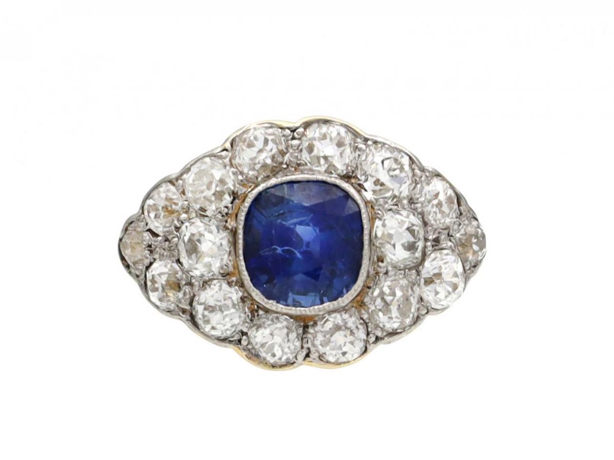 Edwardian sapphire and diamond navette cluster ring in gold