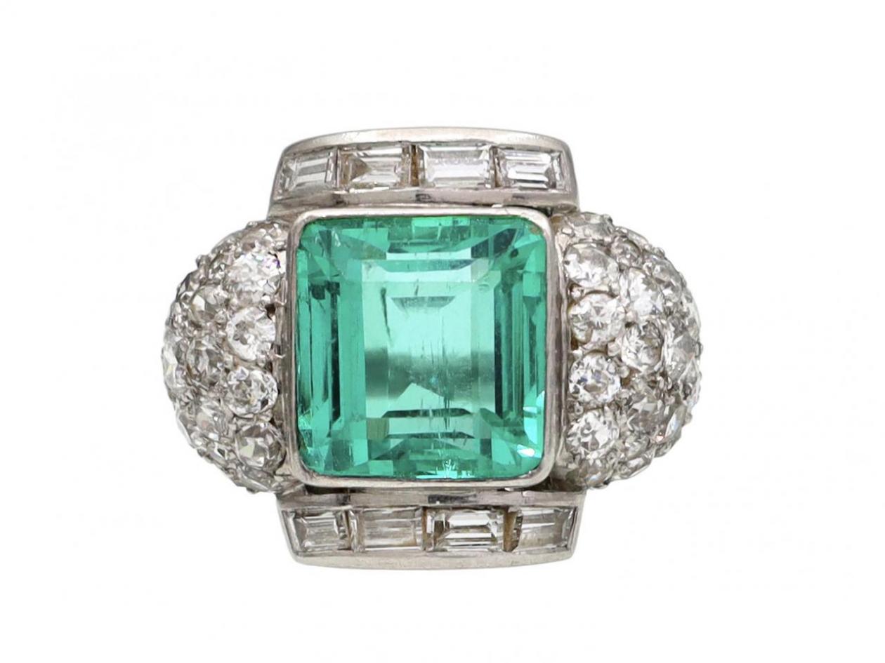 Art Deco 4ct Colombian Emerald & Diamond Fancy Cluster Ring