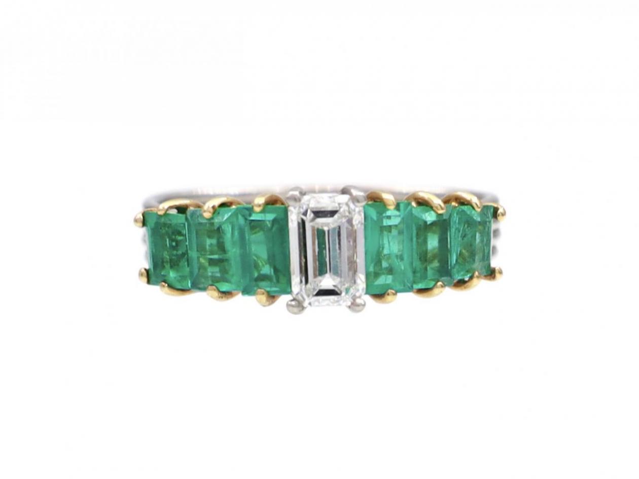Retro emerald cut diamond and emerald seven stone ring