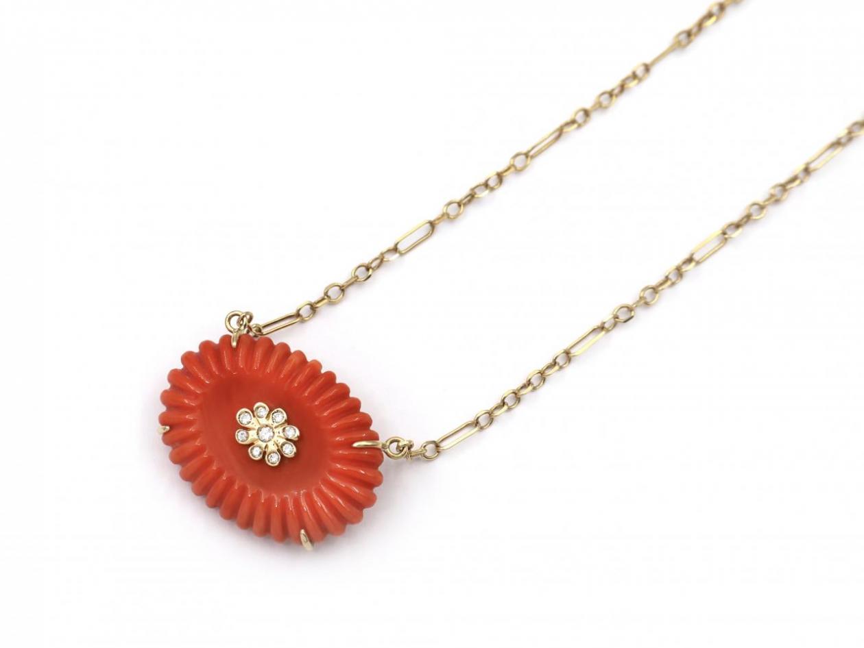 Retro carved coral and diamond necklace in 18kt gold