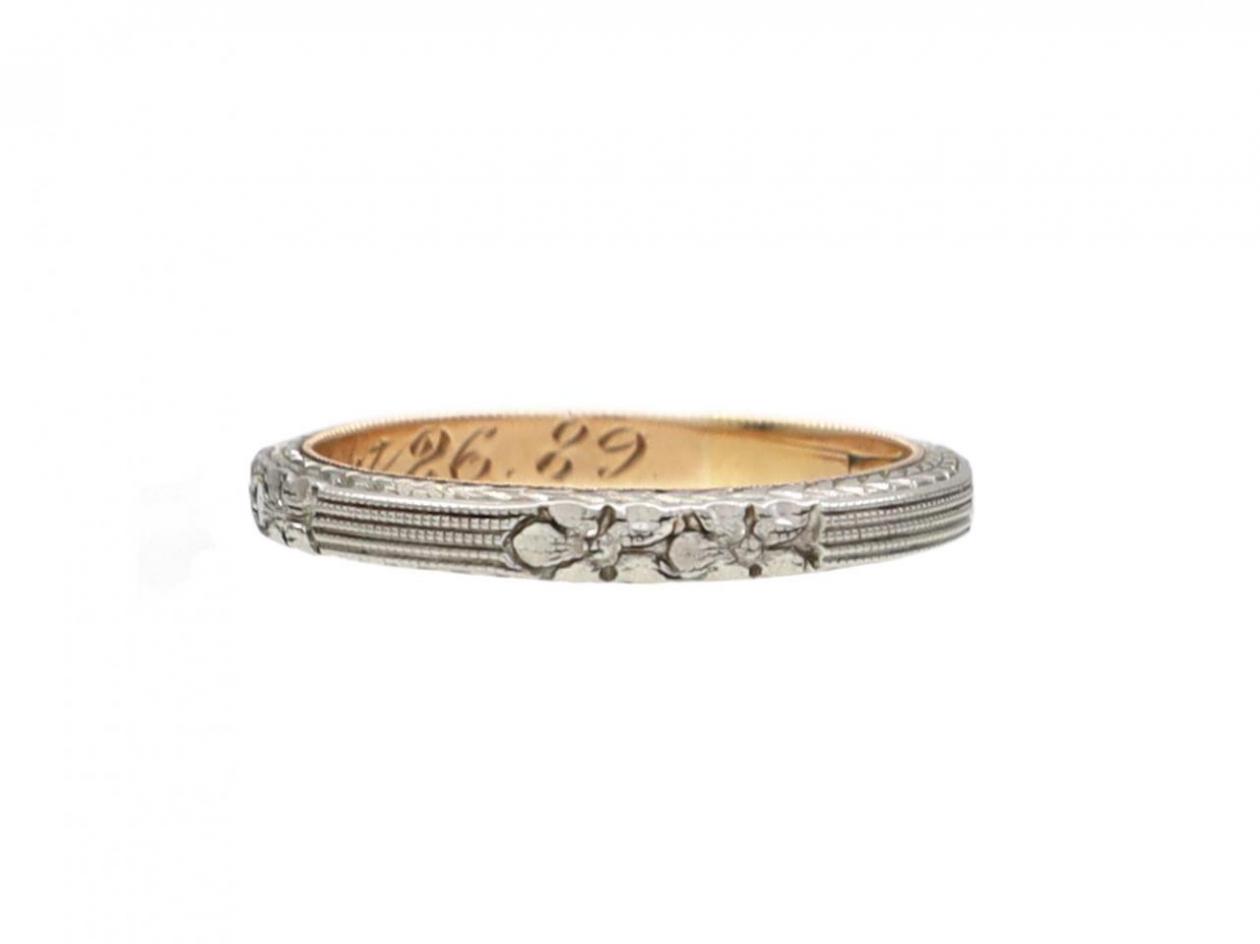 Antique platinum and yellow gold patterned wedding ring