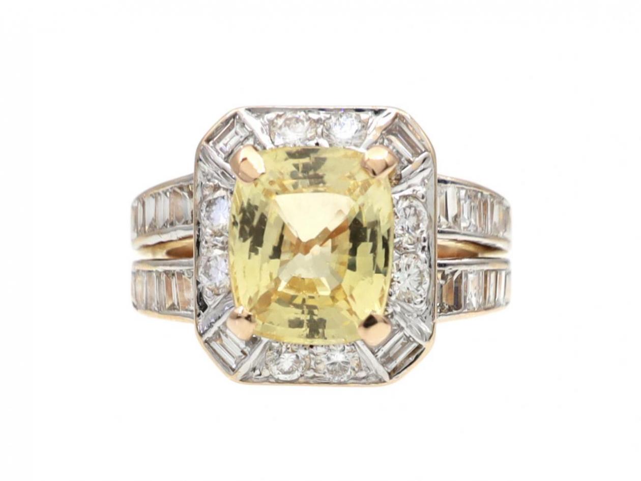 Vintage French fancy yellow sapphire and diamond cluster ring