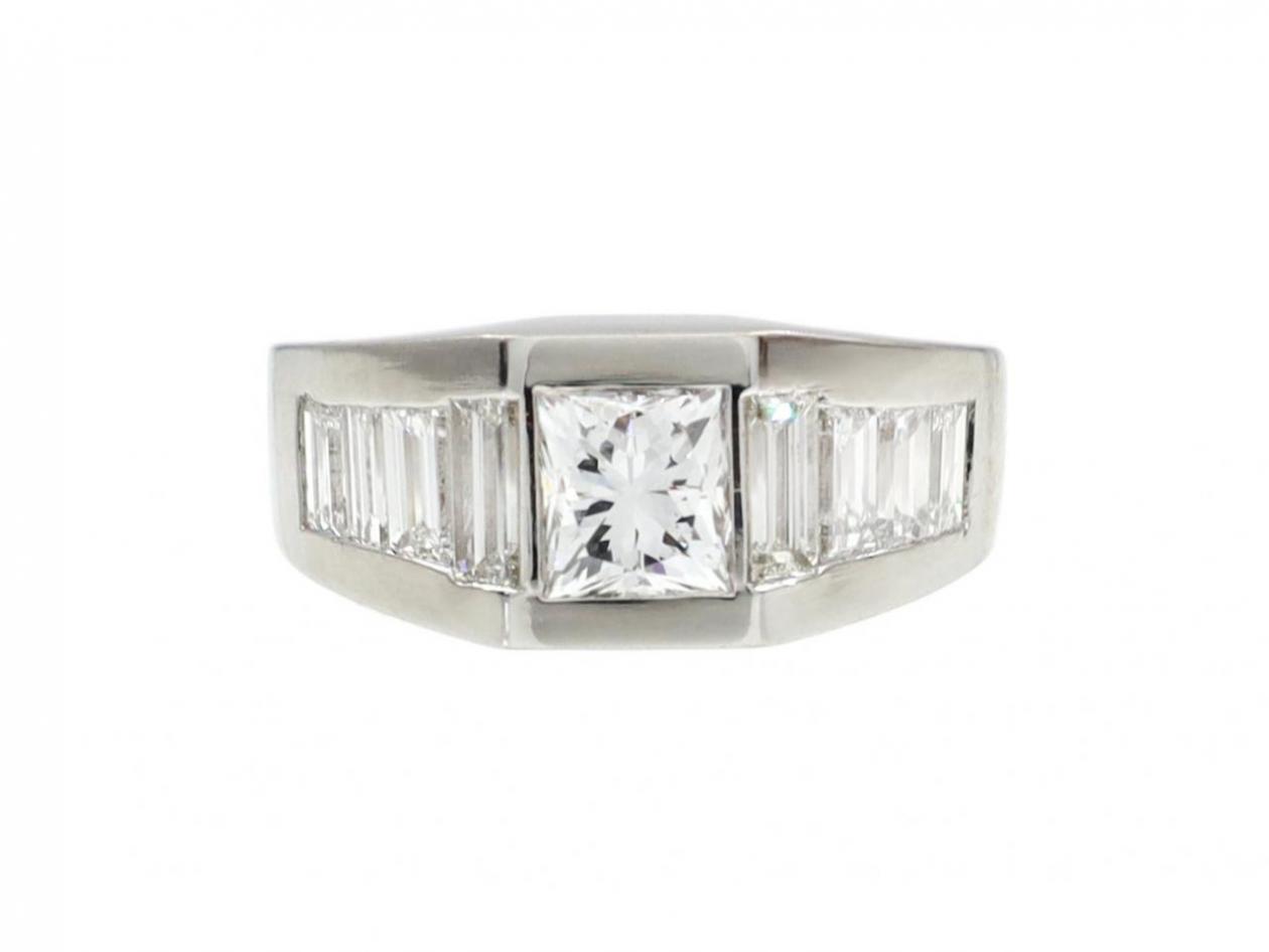 Princess and baguette cut diamond ring in platinum