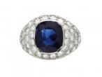Art Deco sapphire and diamond bombe cluster ring in platinum
