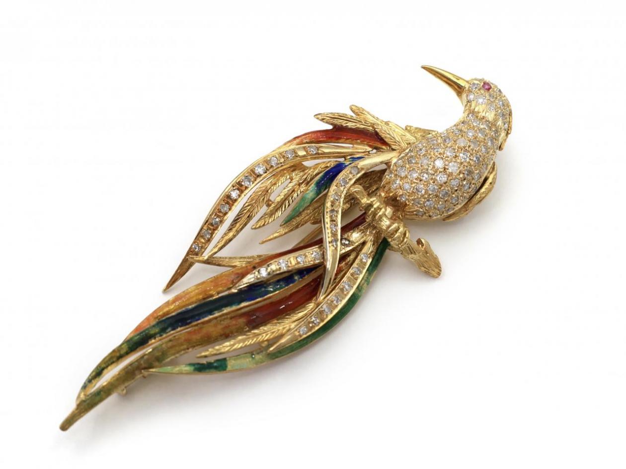Vintage diamond and fine enamel bird of paradise brooch