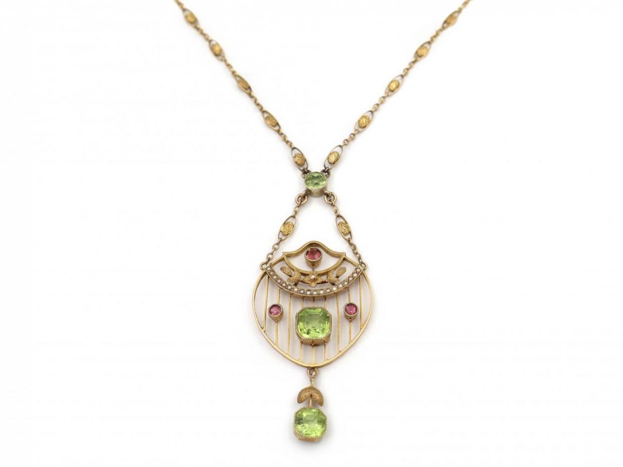 Edwardian Suffragette Peridot, Pearl & Amethyst Necklace in Gold