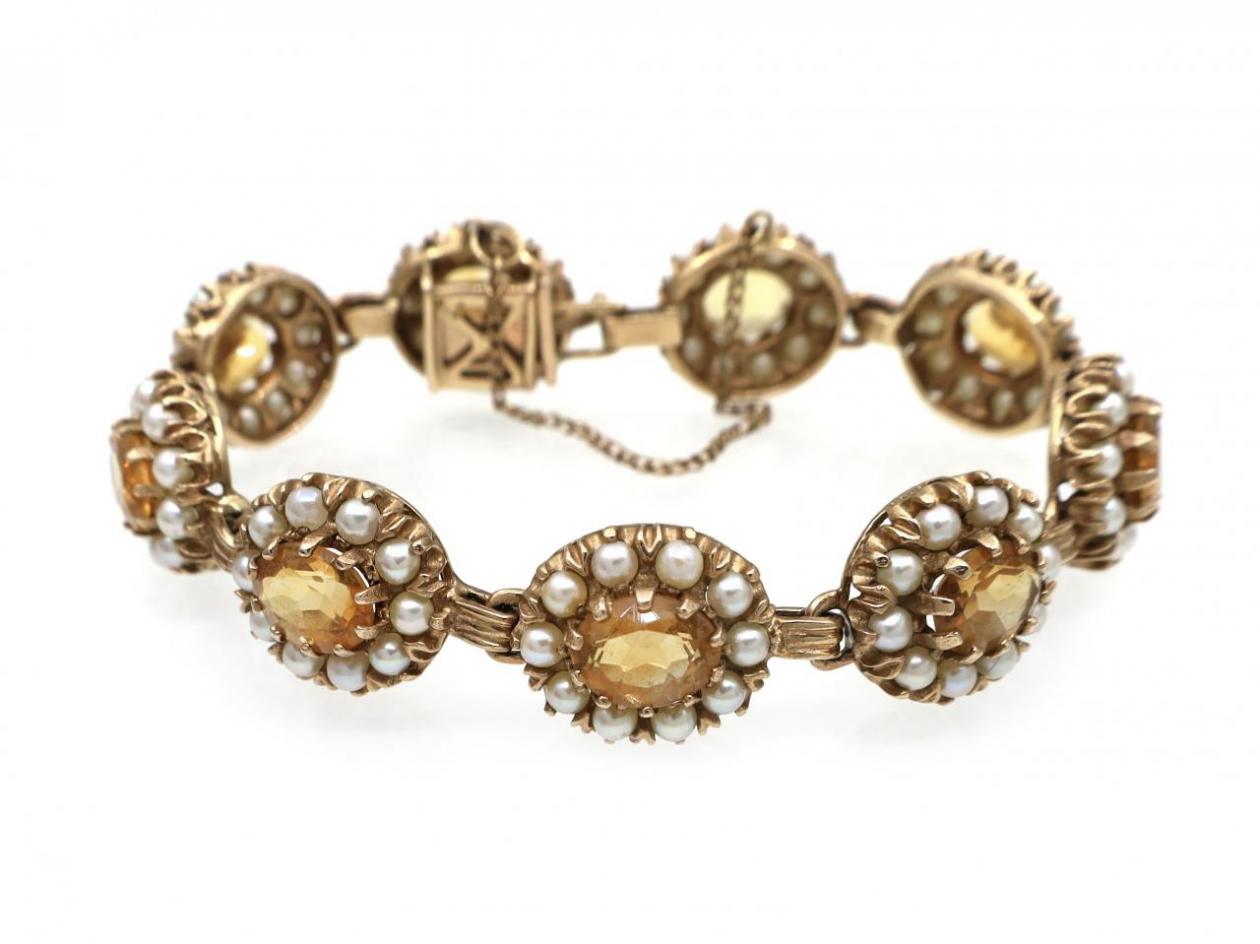 Antique Citrine & Pearl Daisy Cluster Bracelet in 9kt Yellow Gold