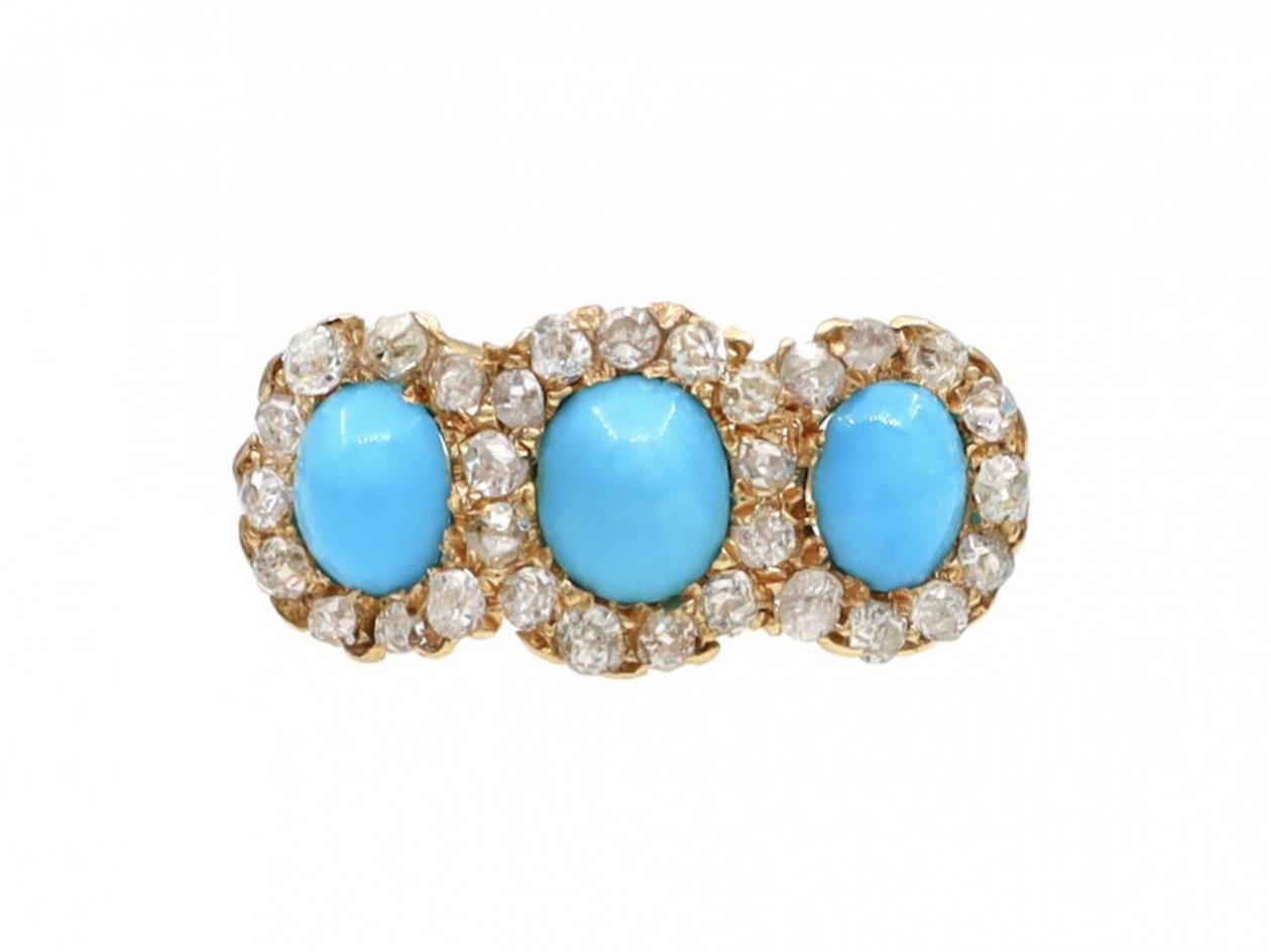 1905 Turquoise & Diamond Three Stone Cluster Ring in Gold
