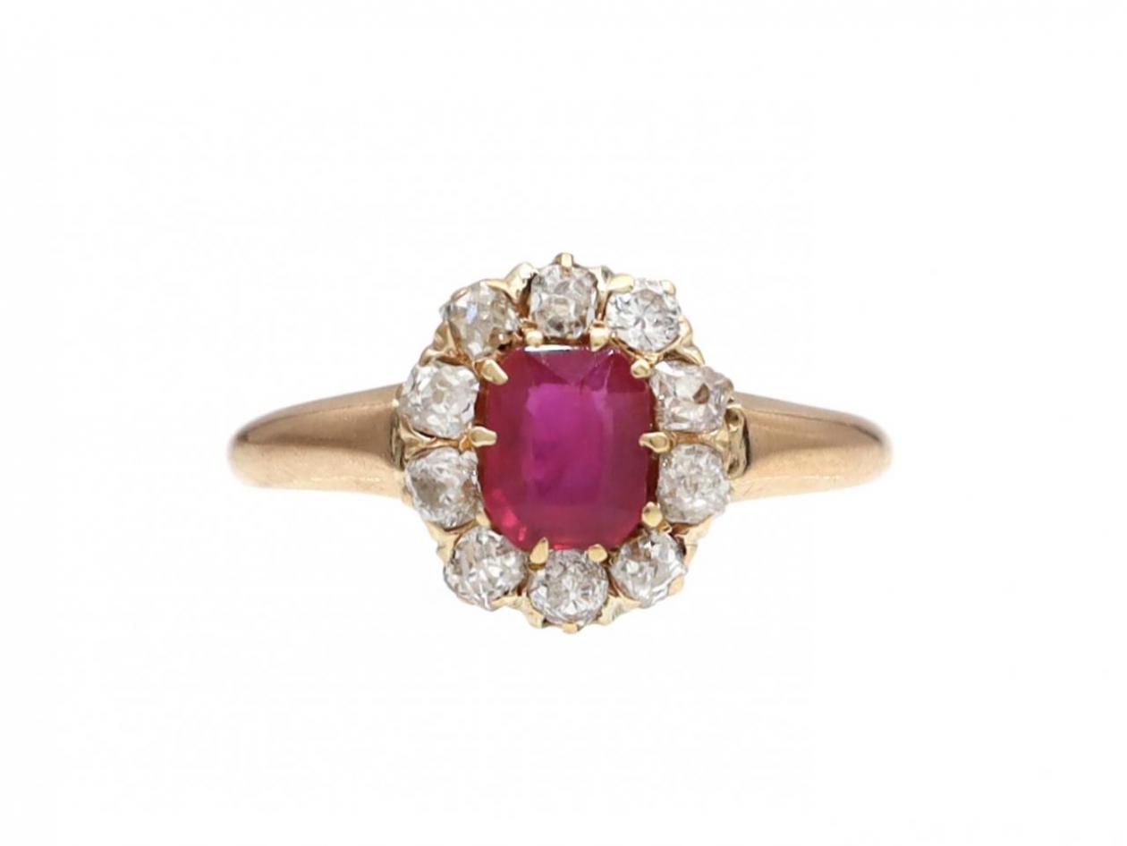 Antique Burmese ruby and diamond coronet cluster ring in 18kt rose gold