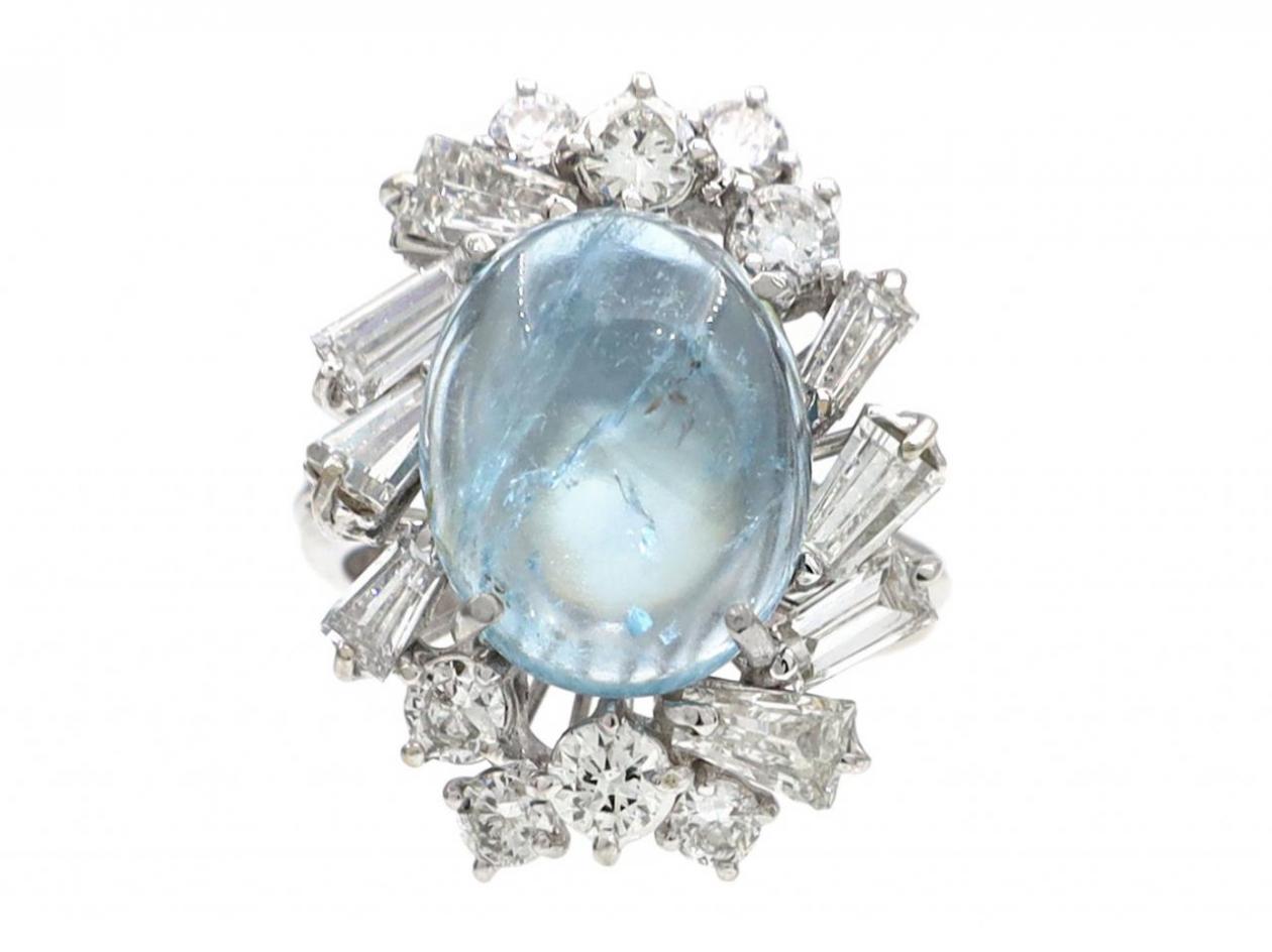 Vintage Cabochon Aquamarine & Diamond Fancy Cluster Ring