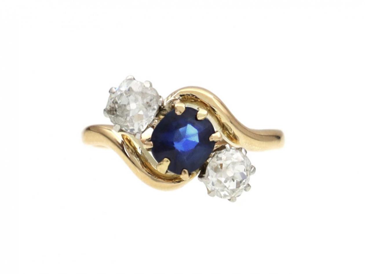 Vintage sapphire and diamond three stone twist ring in 18kt yellow gold