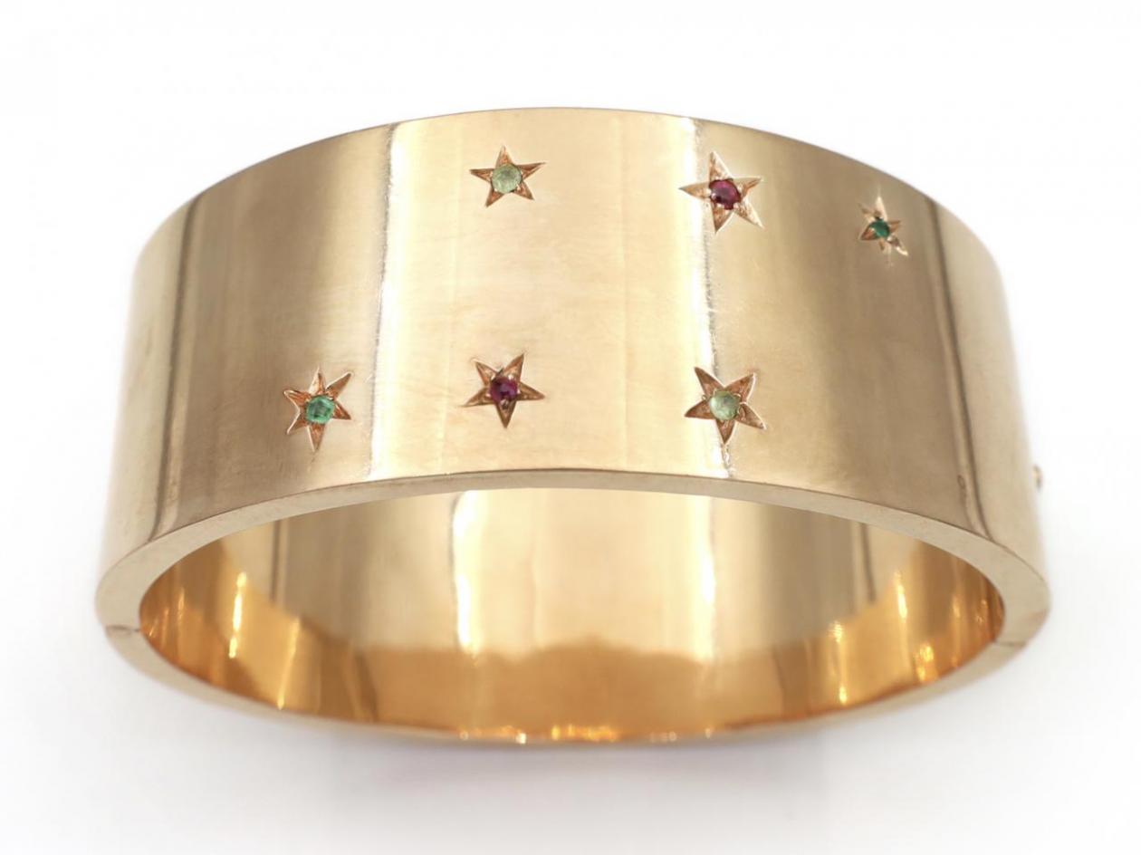 1940s ruby emerald and peridot cuff bangle in 14kt yellow gold