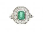 Art Deco style emerald and diamond octagonal cluster ring in platinum