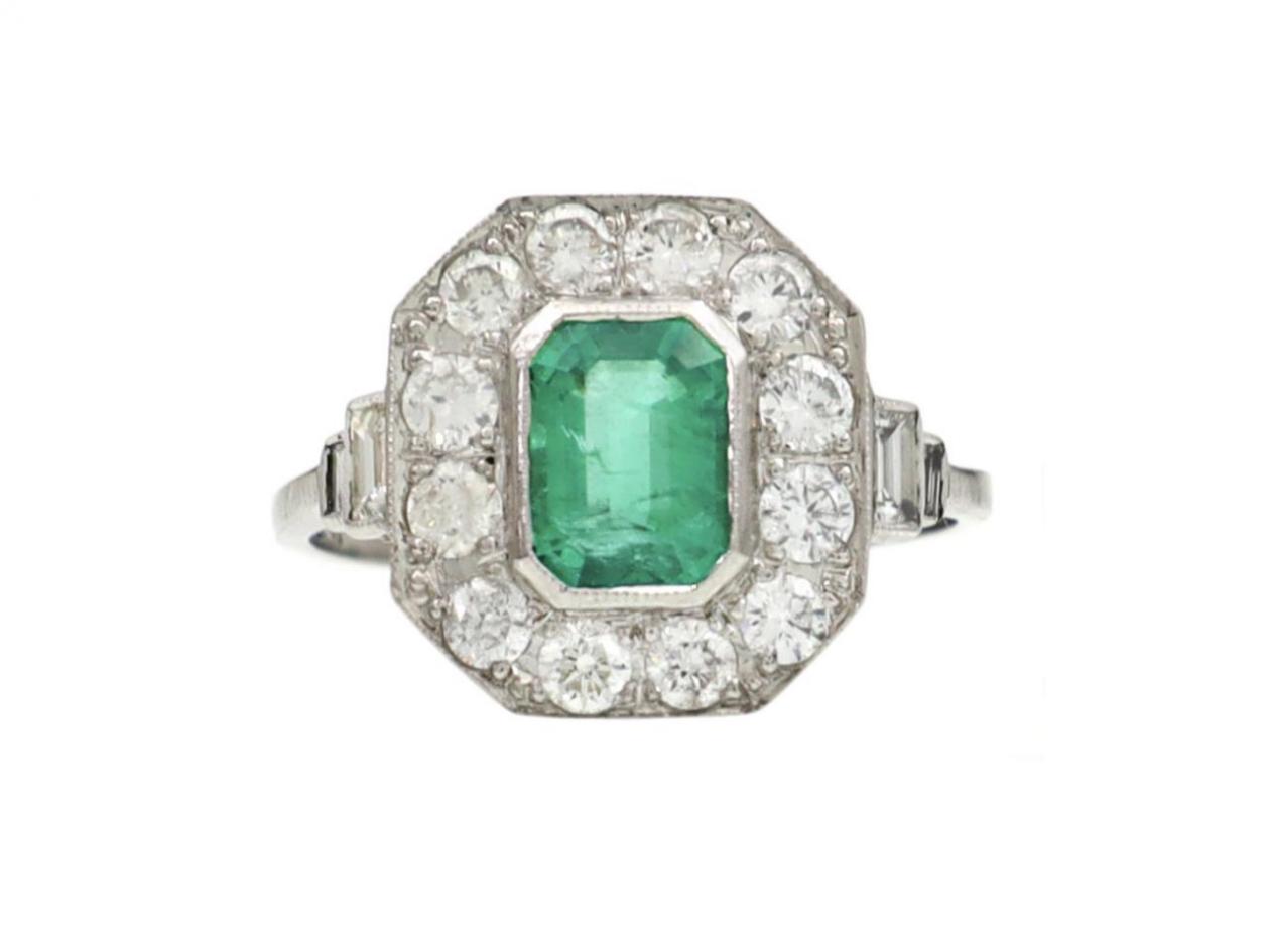 Art Deco style emerald and diamond octagonal cluster ring in platinum