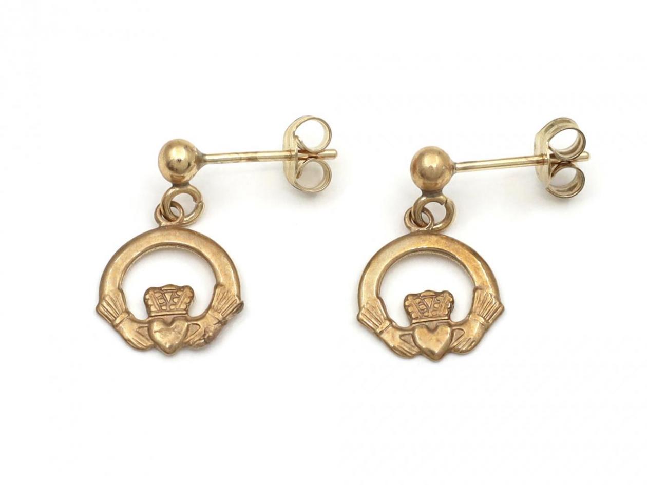 Vintage 9kt yellow gold Claddagh drop earrings