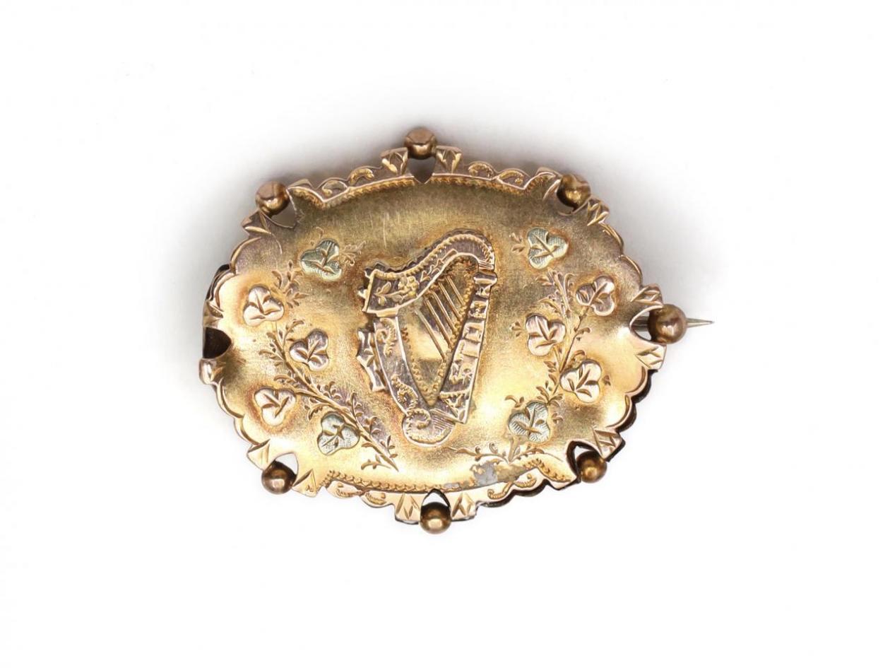 Antique 9kt yellow, rose and green gold harp brooch