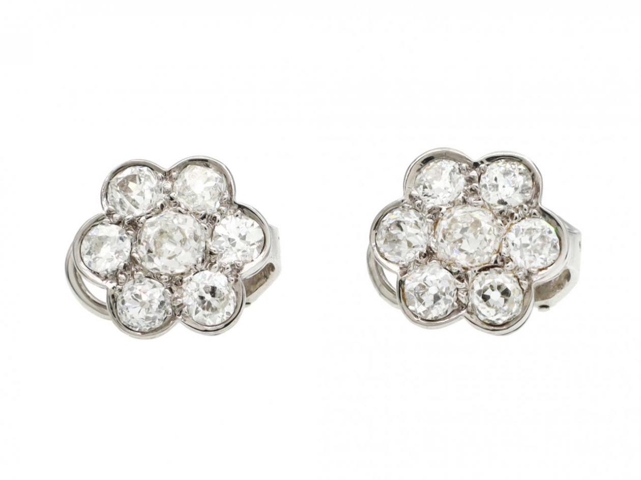 Vintage French diamond floral cluster earrings in 18kt white gold