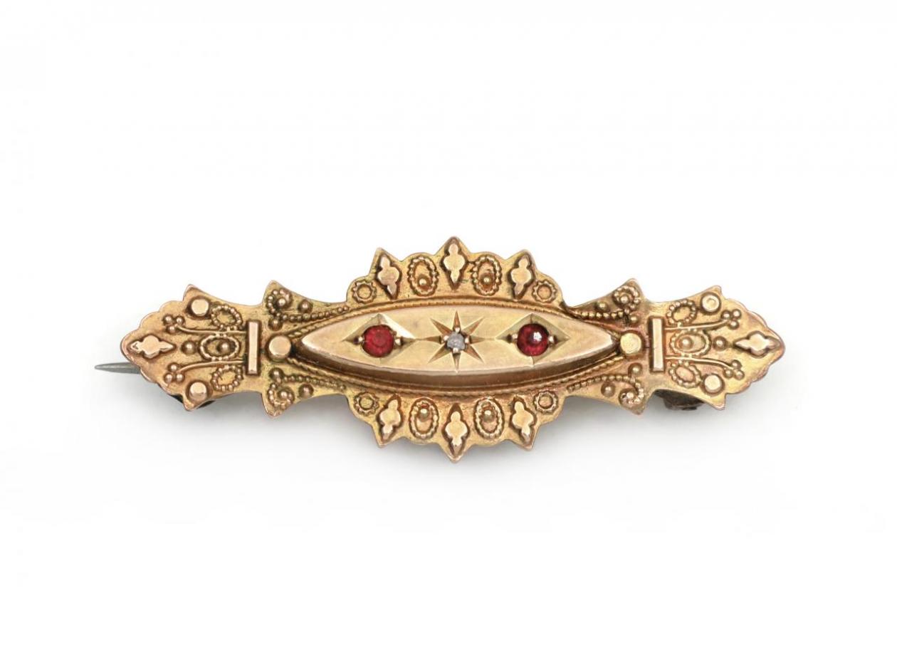 Antique 9kt yellow gold diamond and ruby plaque brooch