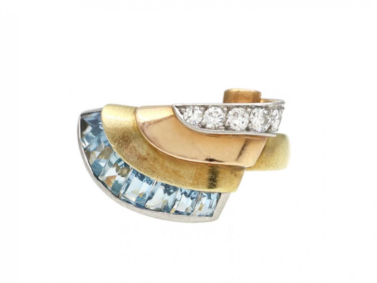1930s Diamond & Aquamarine Egyptian Revival Wing Ring