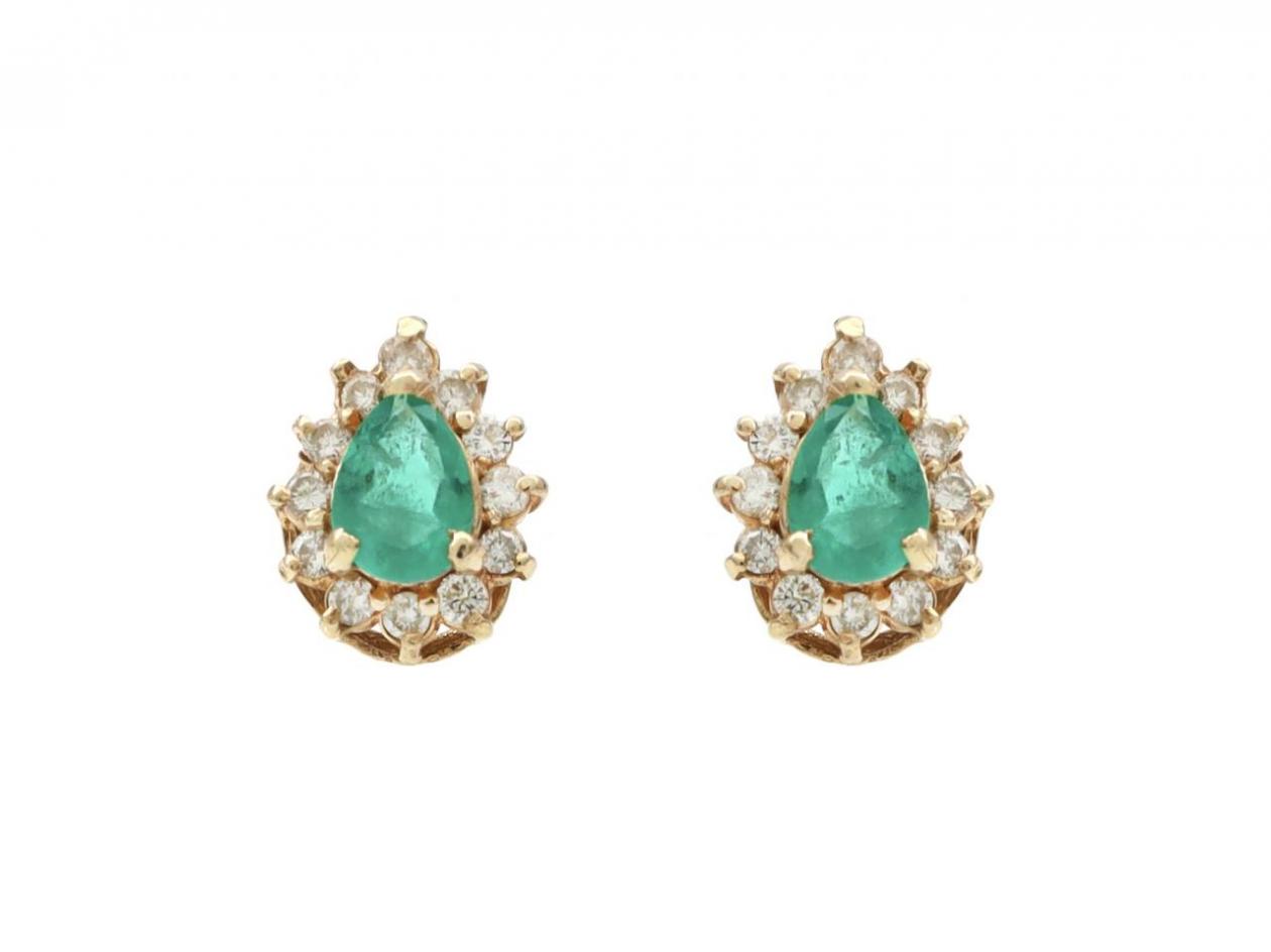 Vintage pear shape emerald and diamond stud earrings