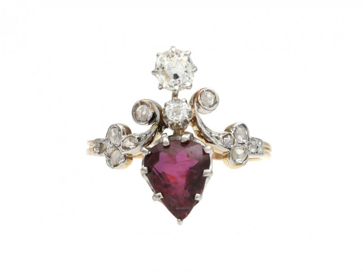 Edwardian ruby and diamond two stone cluster ring