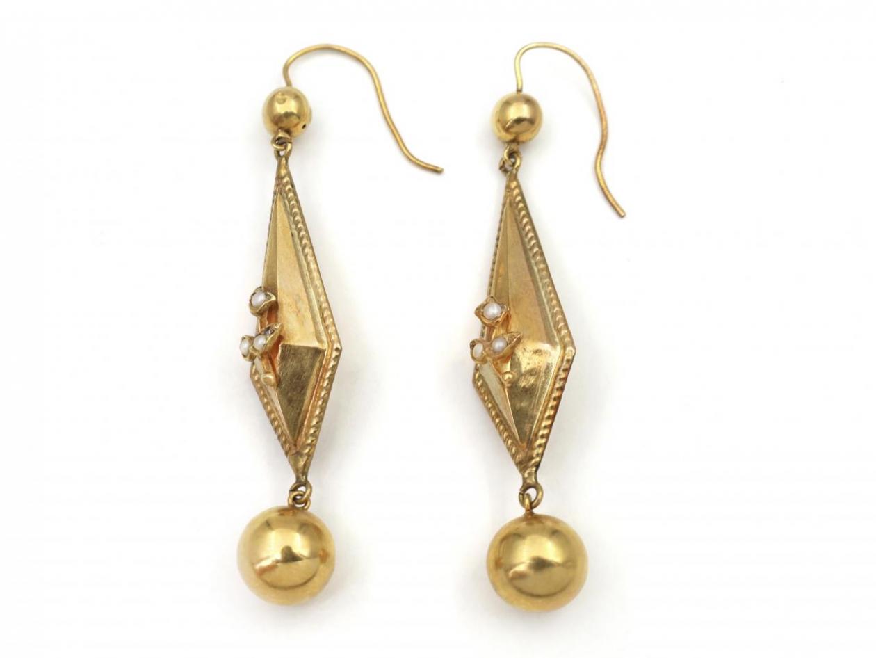 Victorian seed pearl hollow kite and sphere pendant earrings