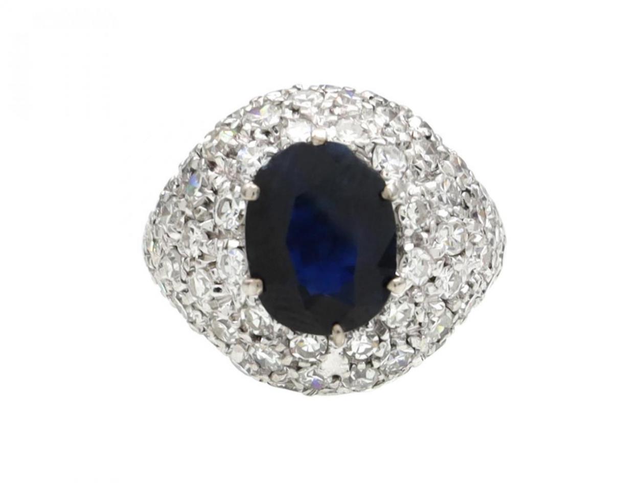 Retro 18kt white gold sapphire and diamond bombé ring