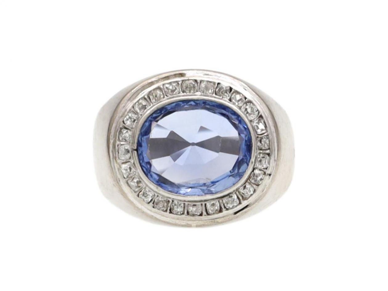 Vintage Ceylon sapphire and diamond oval cluster ring in 18kt white gold