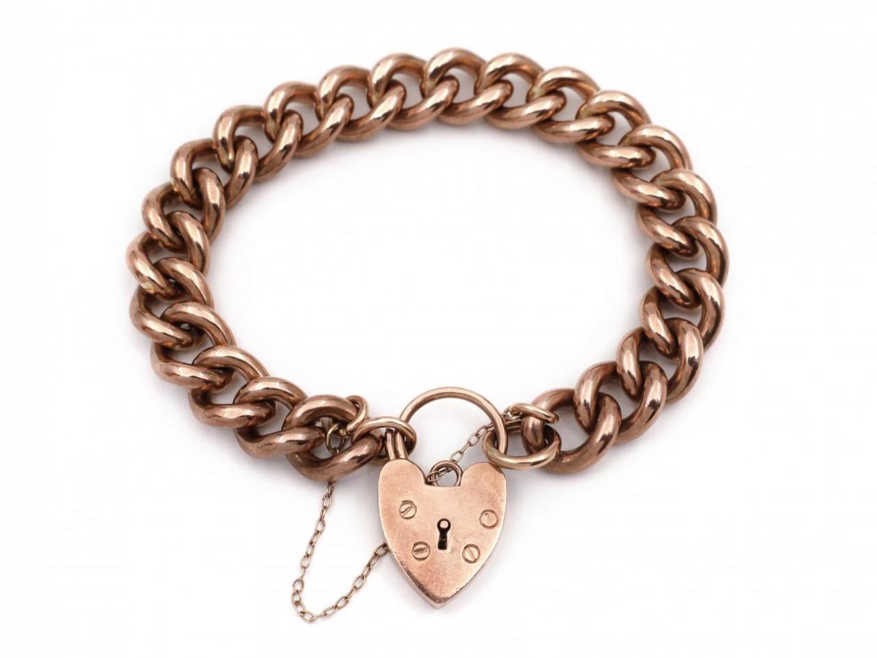 Antique Solid 9kt Rose Gold Curb Bracelet With Heart Lock
