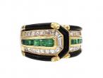 1980s Emerald, Diamond, Onyx & Black Enamel Buckle Ring