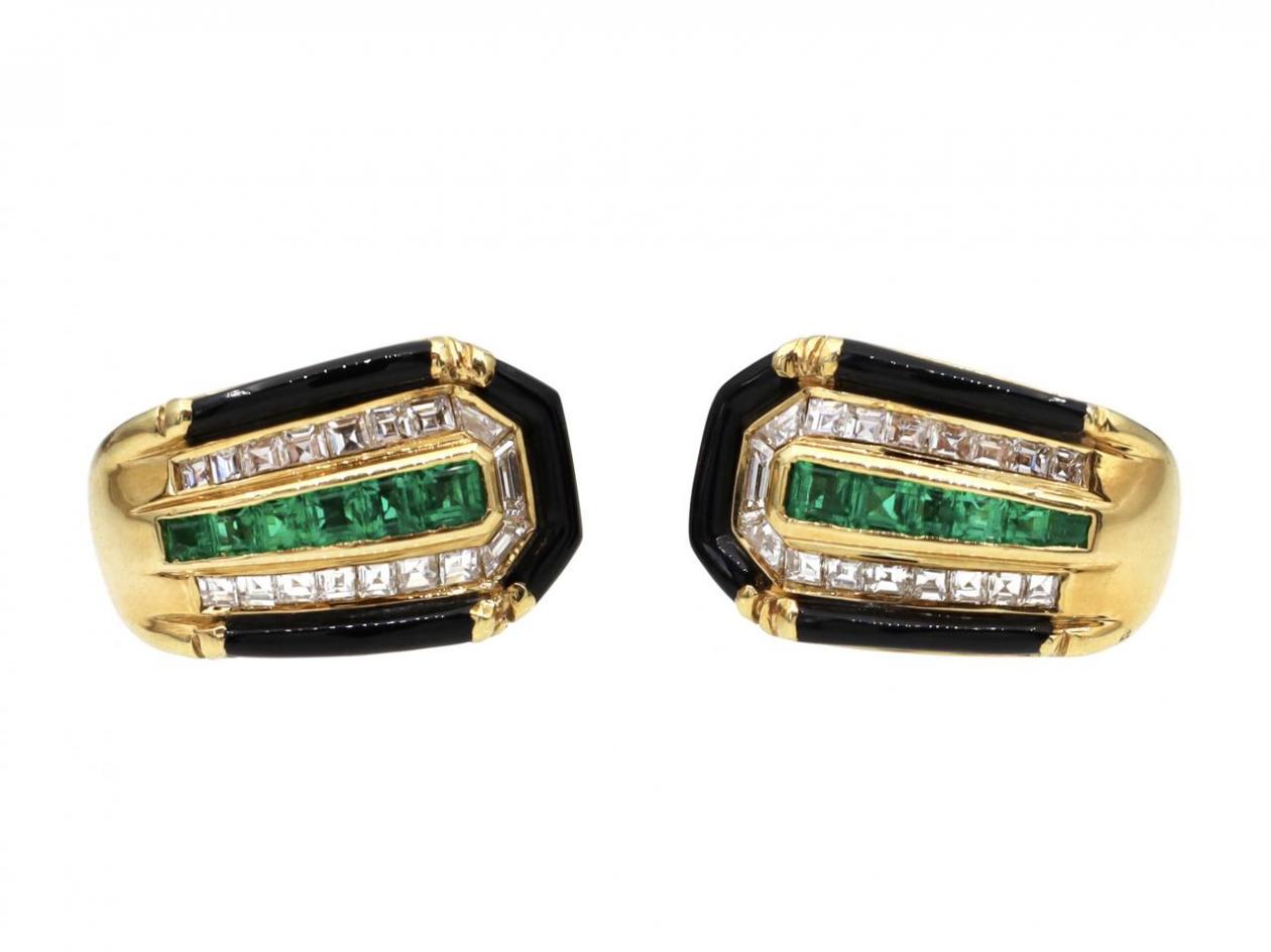 1980s Emerald, Diamond & Black Onyx Shield Earrings