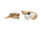 1960s Cultured Pearl & Sapphire Clip-On Earrings in Gold
