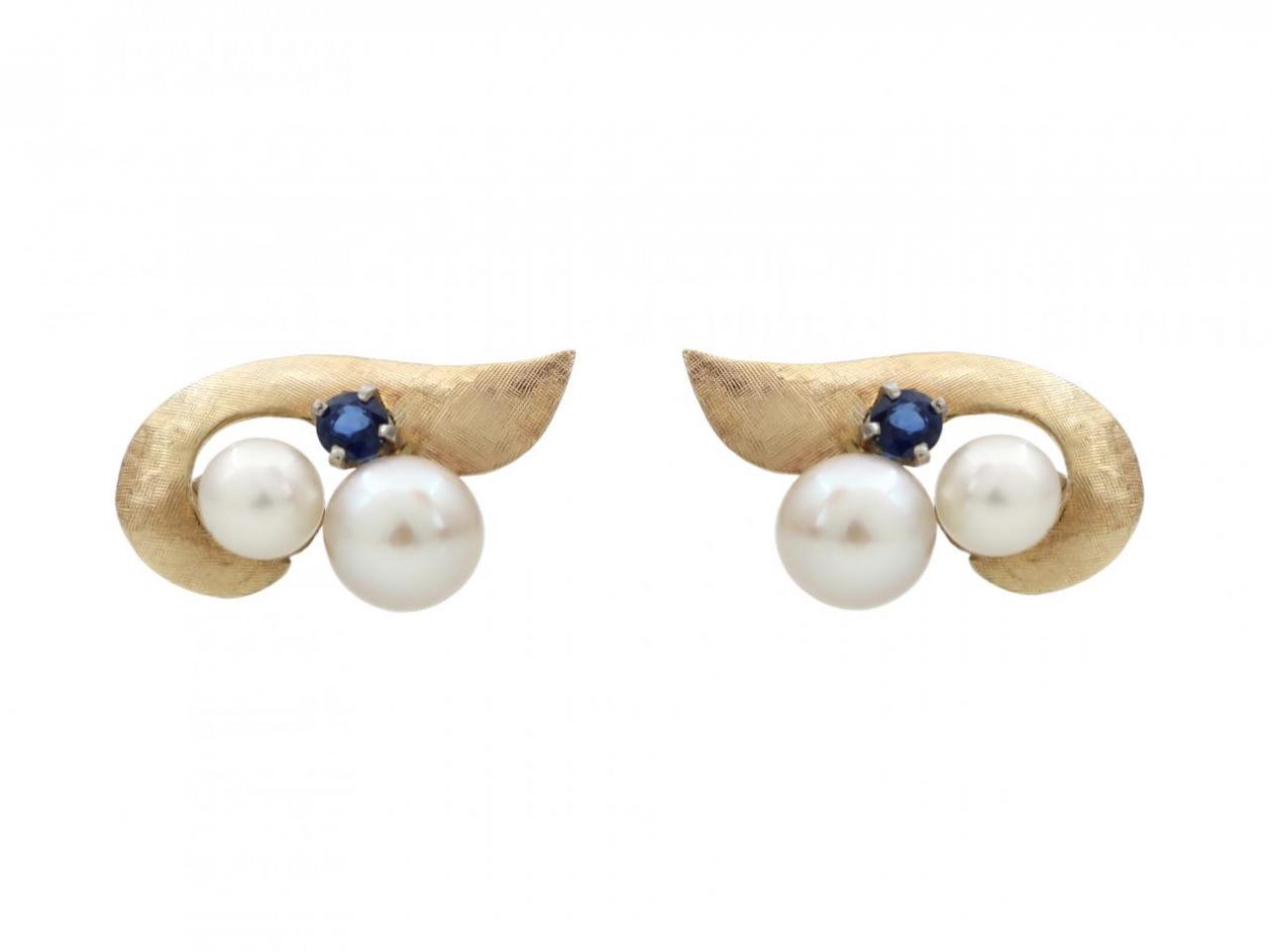 1960s Cultured Pearl & Sapphire Clip-On Earrings in Gold