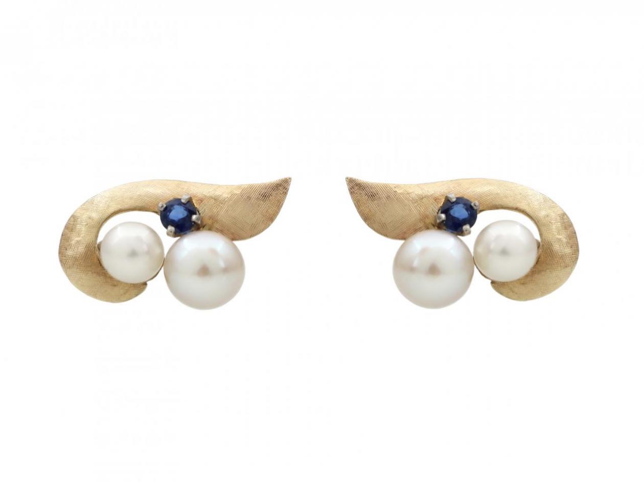 1960s Cultured Pearl & Sapphire Clip-On Earrings in Gold