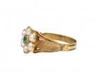 Early Victorian emerald and pearl floral cluster ring in yellow gold