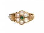 Early Victorian emerald and pearl floral cluster ring in yellow gold