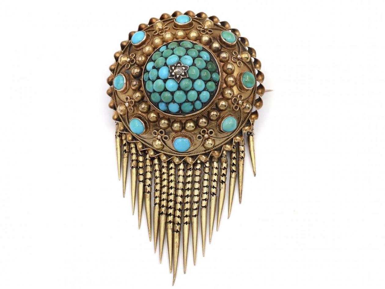 Victorian Etruscan Revival Diamond & Turquoise Tassel Brooch