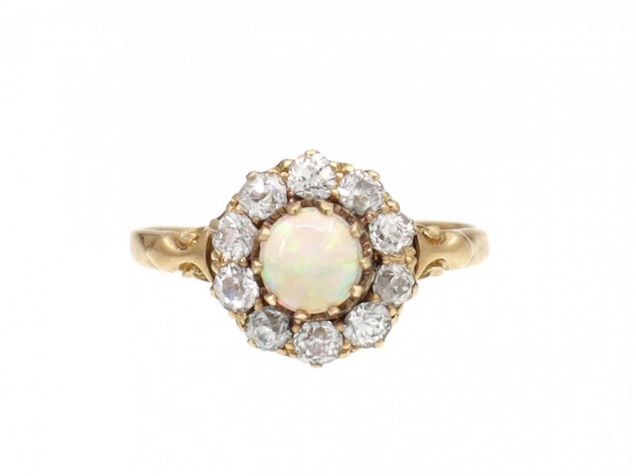 Edwardian BB & Co. opal and diamond coronet cluster ring