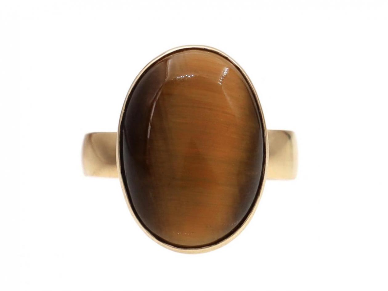 Vintage Finnish Oval Tiger's Eye Dress Ring in 14kt Yellow Gold