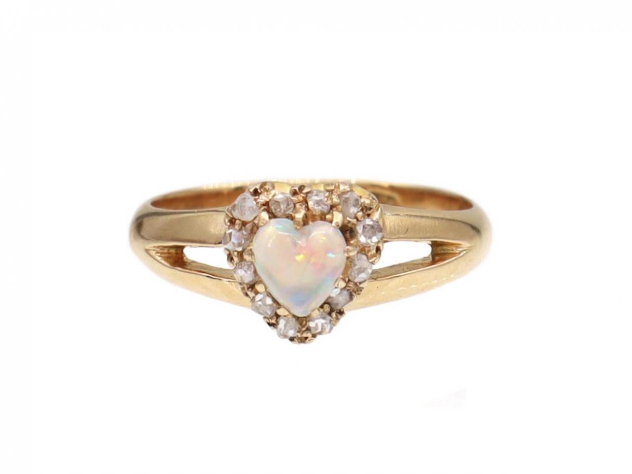 Antique Opal Heart & Diamond Cluster Ring in Yellow Gold