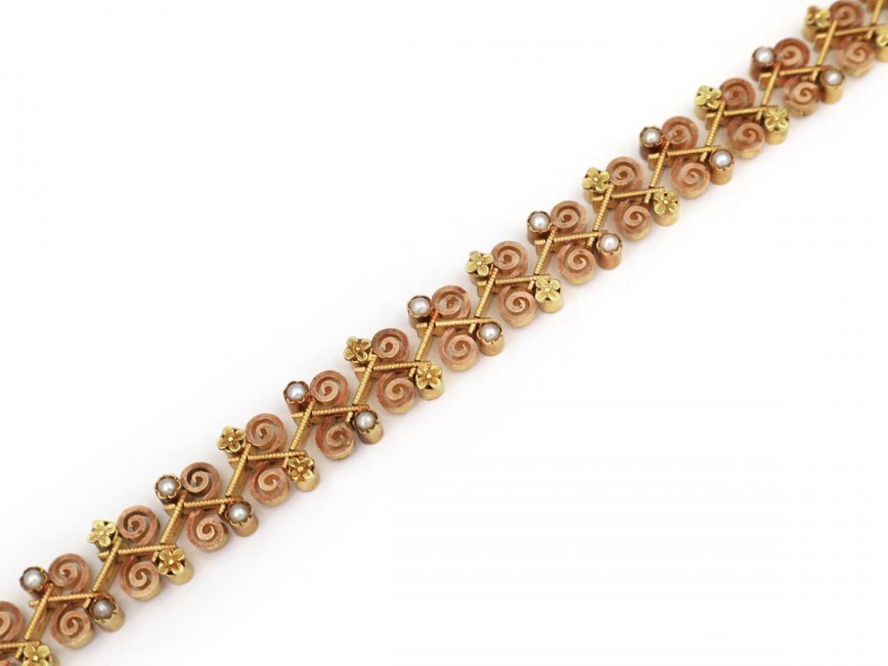 Antique French Seed Pearl, Rose & Yellow Gold Scrolling Bracelet